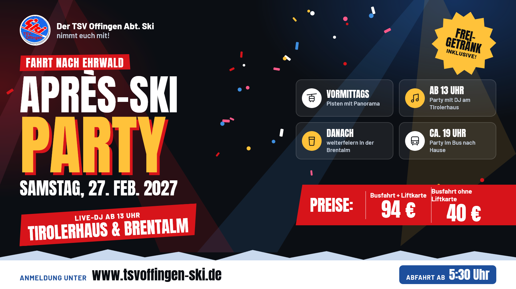 Flyer Après-Ski-Fahrt nach Ehrwald am Samstag, 27. Februar 2027