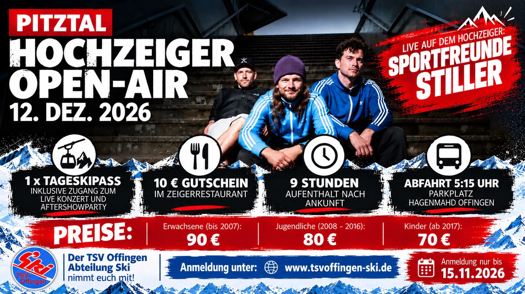 Flyer Auftaktfahrt 2026: Hochzeiger Open-Air im Pitztal am 12. Dezember 2026 mit den Sportfreunden Stiller